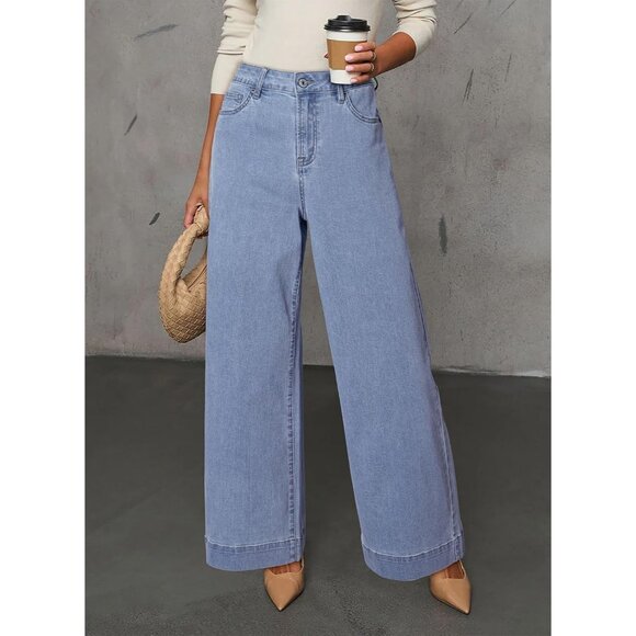 Women Beau Blue High Waisted Wide Leg Denim Jean Stretchy Loose Pant with Pocket - Picture 2 of 6